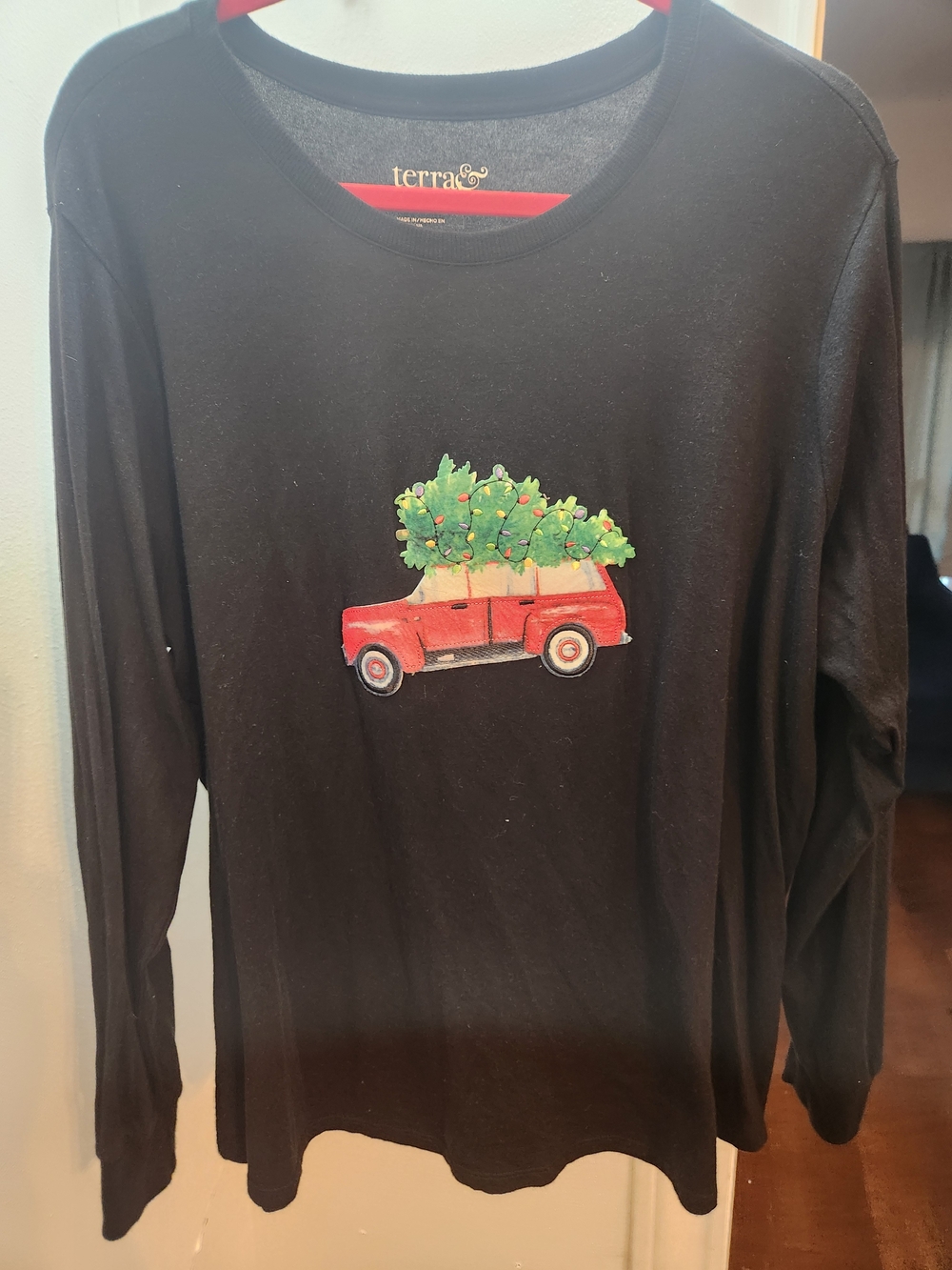 terra & Sky Women's Black Long-Sleeve Shirt with Red Truck & Green Tree Graphic